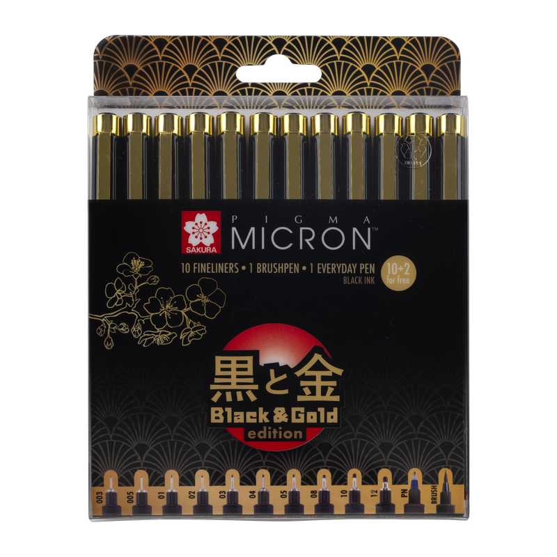Sakura Talens Set de 12 rotuladores Micron Black & Gold Edition  10 fineliners 1 brushpen 1 every day pen