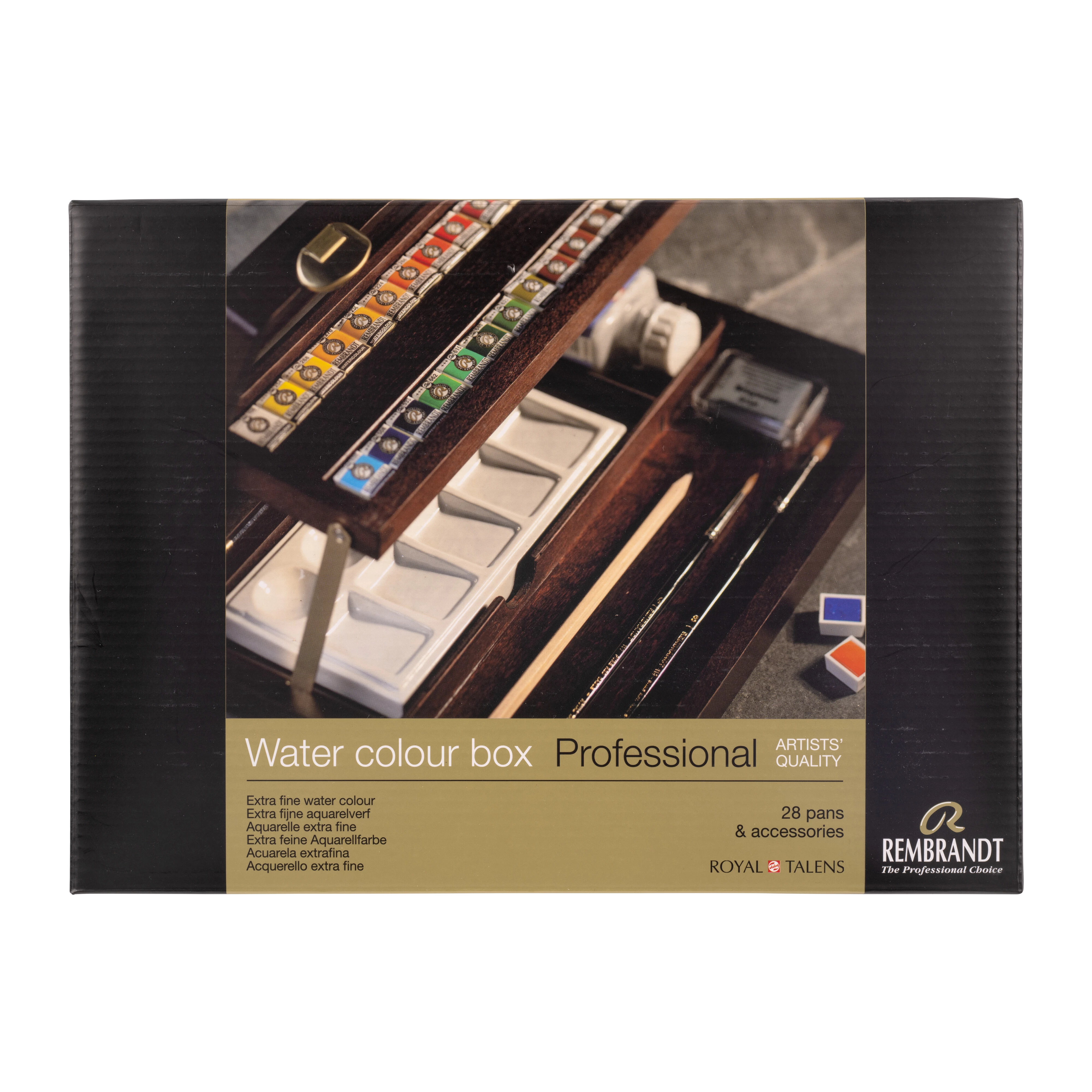 Rembrandt Acuarelas profesionales, set profesional en caja de madera, 28  medias pastillas + 7 accesorios, selección general de colores - Decomur