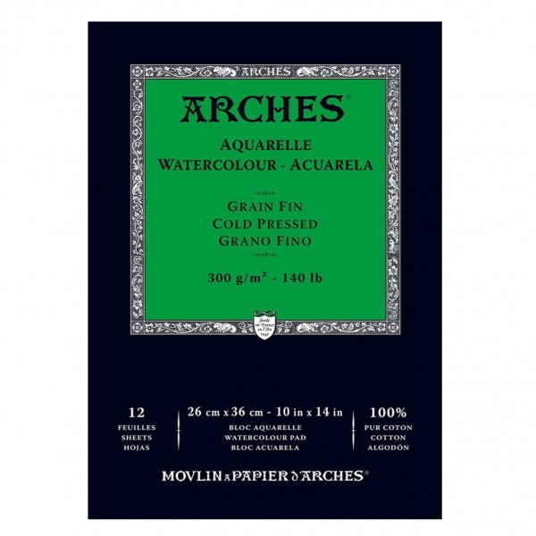Arches Bloc para Acuarela 300gr- 26x36cm 12 Hojas 100% Algodón Grano Fino